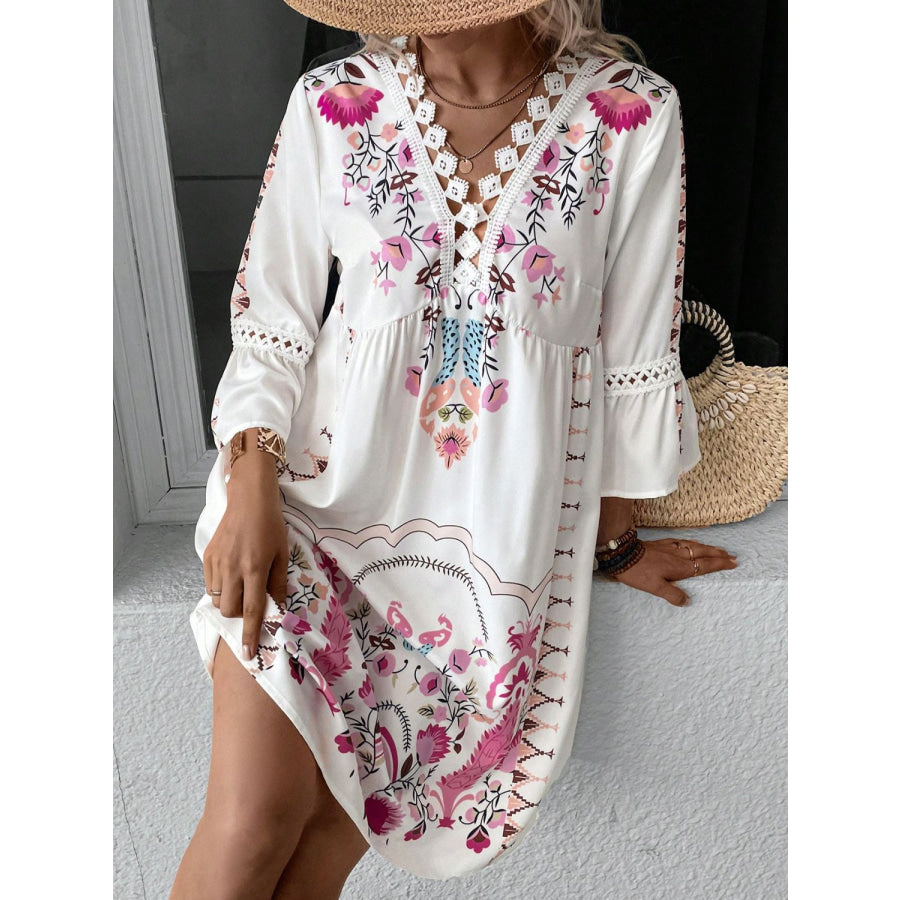 Lace Detail Printed Three-Quarter Sleeve Dress Apparel and Accessories