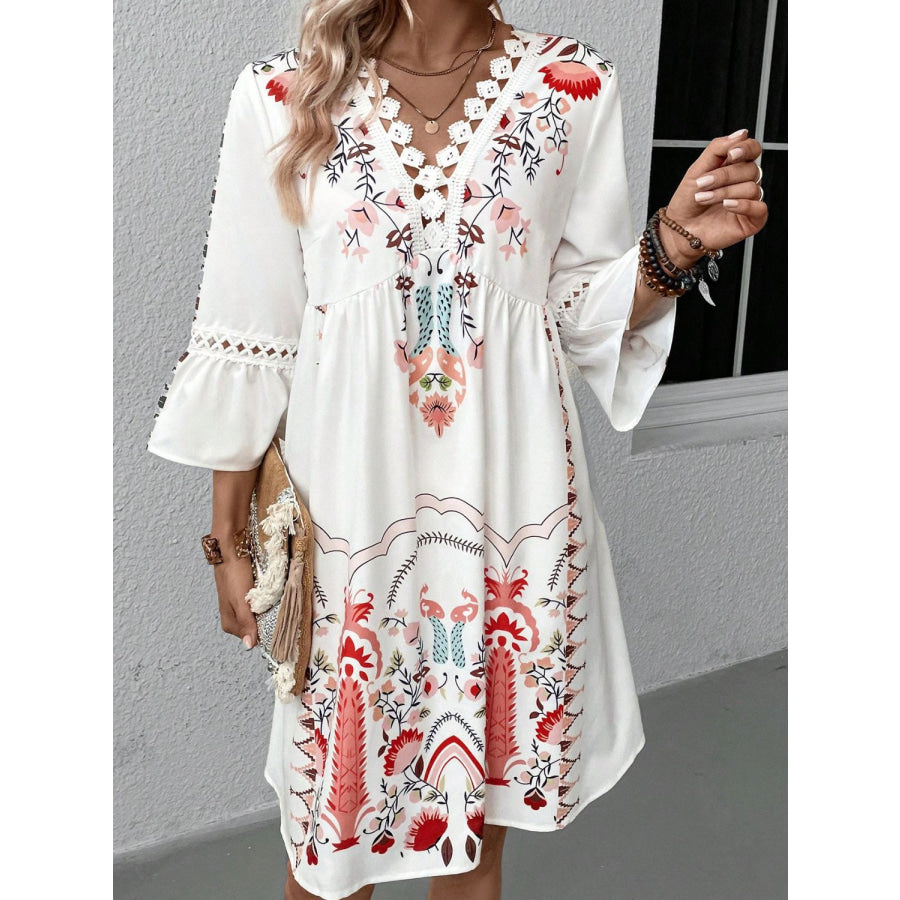 Lace Detail Printed Three-Quarter Sleeve Dress Apparel and Accessories