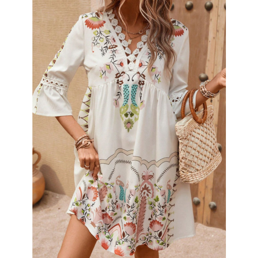 Lace Detail Printed Three-Quarter Sleeve Dress Apricot / S Apparel and Accessories