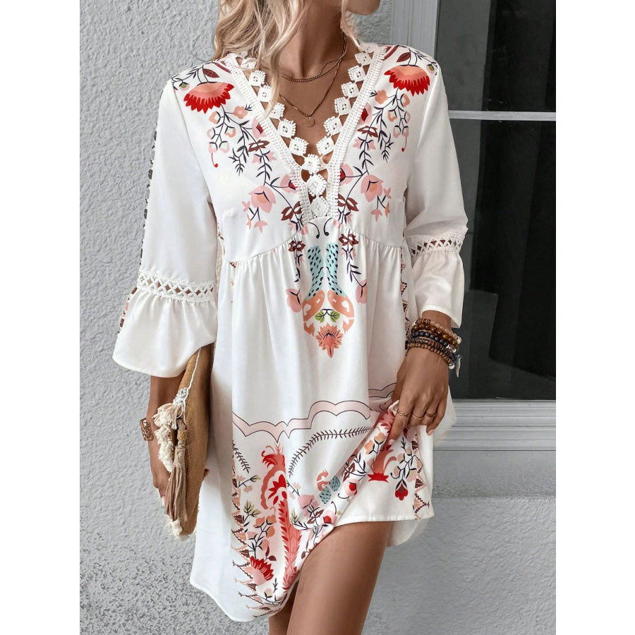 Lace Detail Printed Three-Quarter Sleeve Dress Deep Red / S Apparel and Accessories