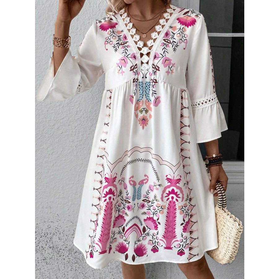 Lace Detail Printed Three-Quarter Sleeve Dress Deep Rose / S Apparel and Accessories