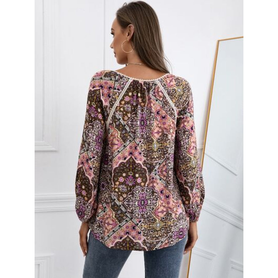 Lace Detail Printed V - Neck Blouse Apparel and Accessories