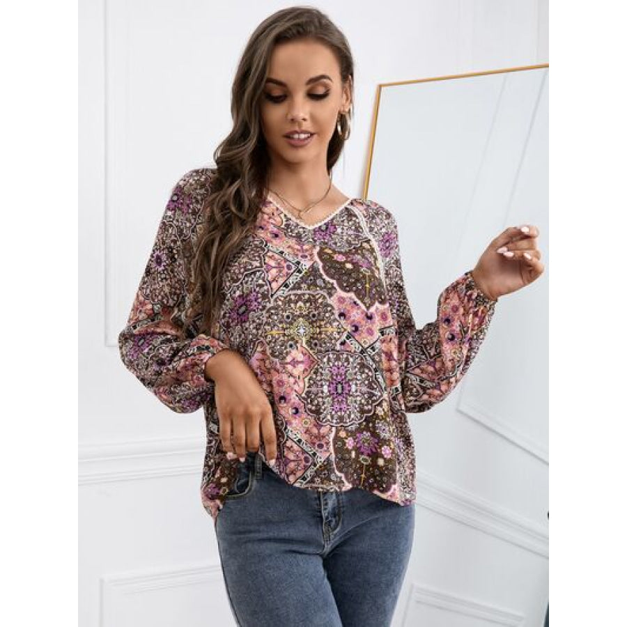 Lace Detail Printed V - Neck Blouse Apparel and Accessories