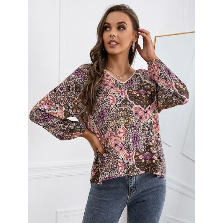 Lace Detail Printed V - Neck Blouse Apparel and Accessories