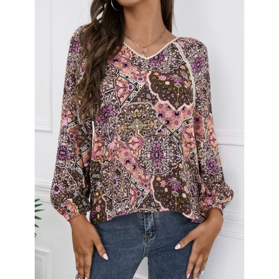 Lace Detail Printed V - Neck Blouse Chestnut / S Apparel and Accessories