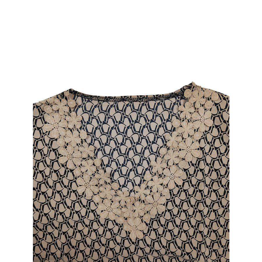 Lace Detail Printed V - Neck Flounce Sleeve Blouse Apparel and Accessories