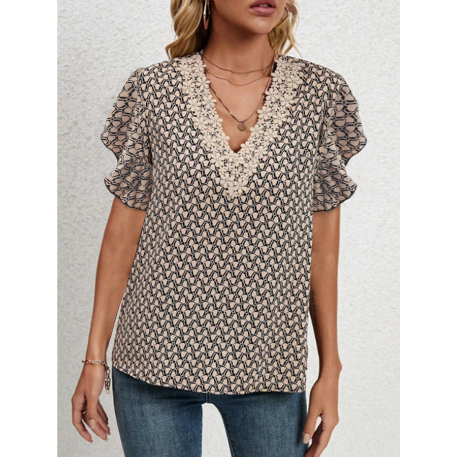 Lace Detail Printed V - Neck Flounce Sleeve Blouse Tan / S Apparel and Accessories