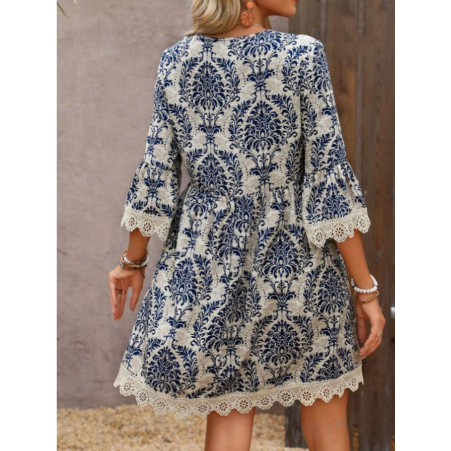 Lace Detail Printed V-Neck Mini Dress Apparel and Accessories