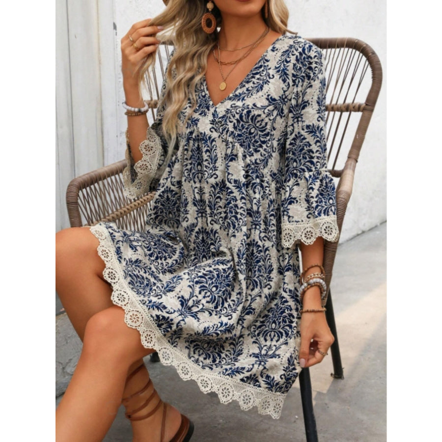 Lace Detail Printed V-Neck Mini Dress Apparel and Accessories