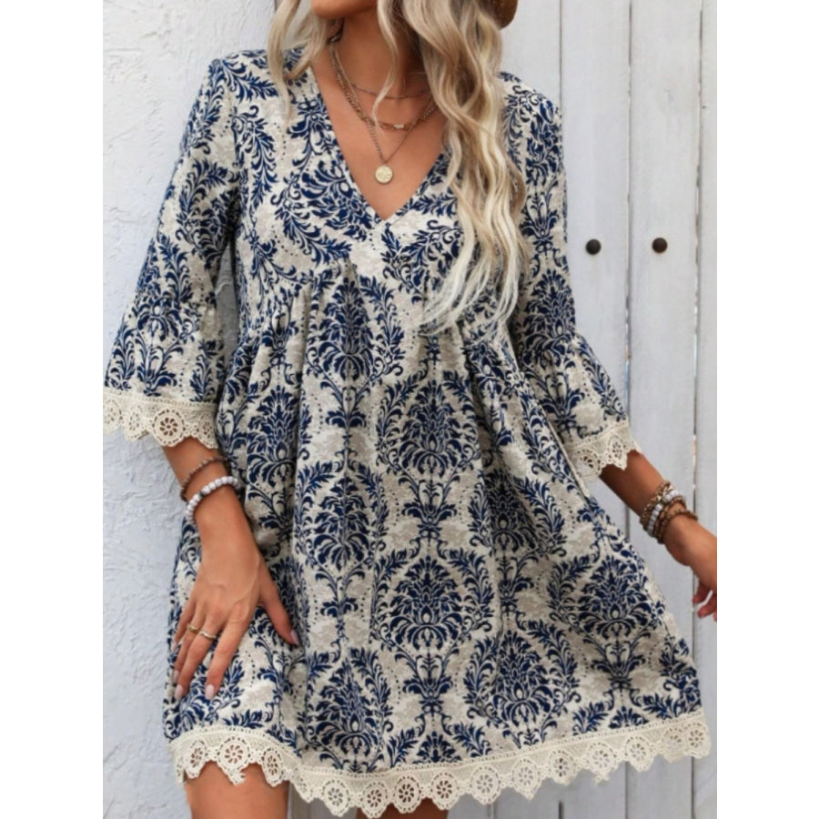 Lace Detail Printed V-Neck Mini Dress Navy / S Apparel and Accessories