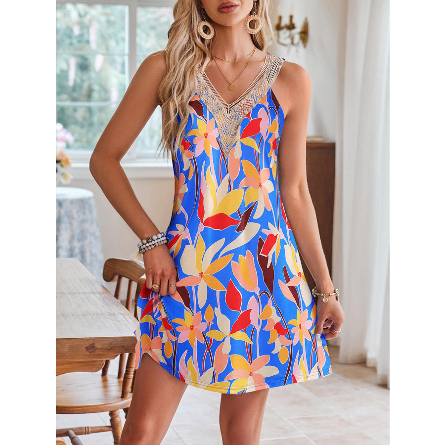 Lace Detail Printed V - Neck Sleeveless Dress Multicolor / S Apparel and Accessories