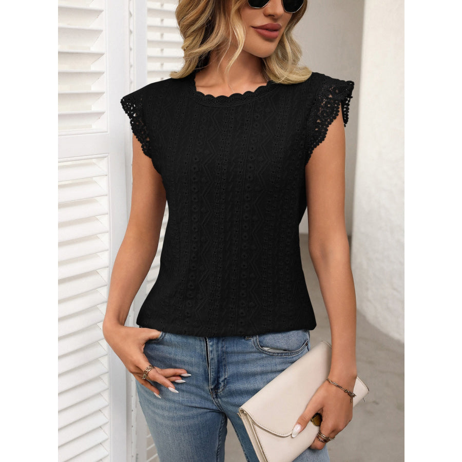 Lace Detail Round Neck Cap Sleeve Top Apparel and Accessories