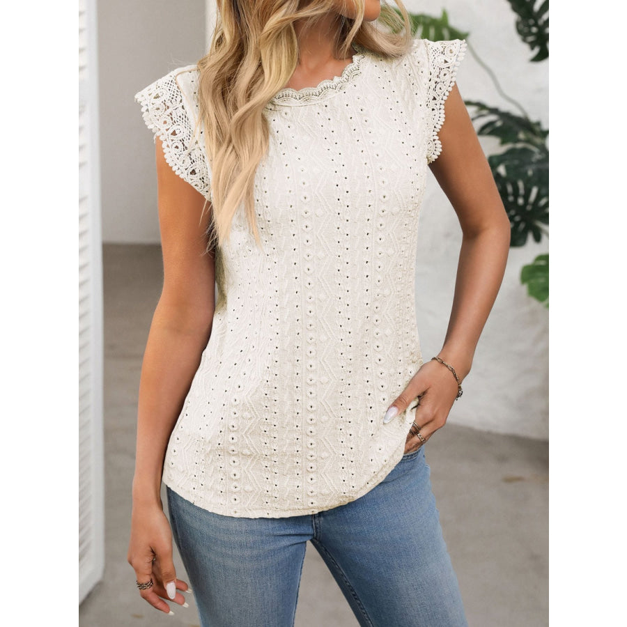 Lace Detail Round Neck Cap Sleeve Top Apparel and Accessories