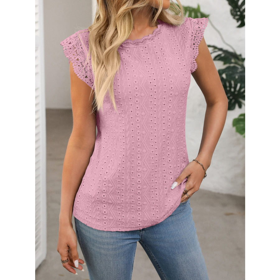 Lace Detail Round Neck Cap Sleeve Top Apparel and Accessories