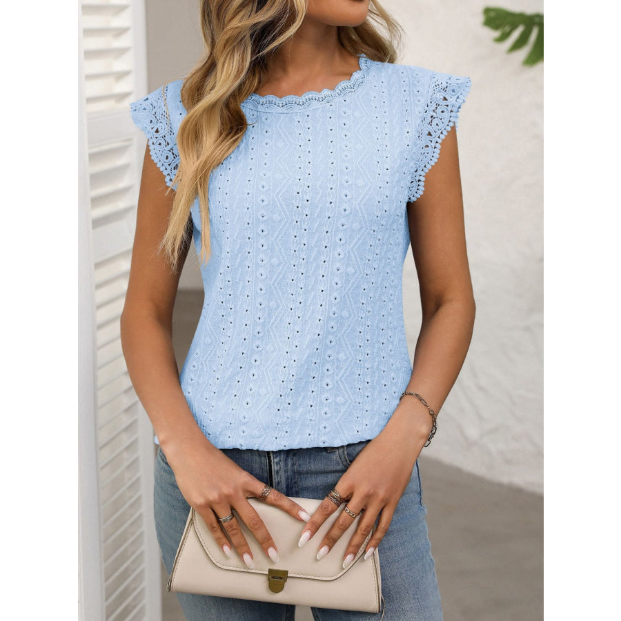 Lace Detail Round Neck Cap Sleeve Top Apparel and Accessories