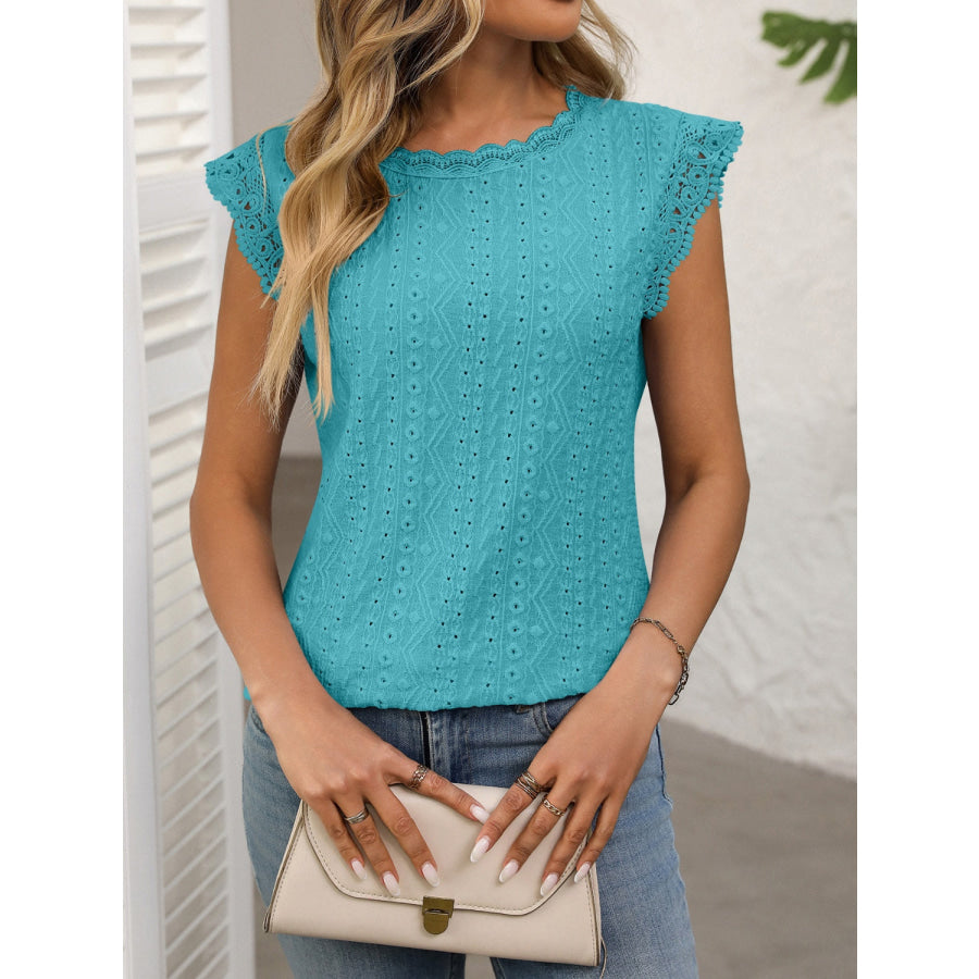 Lace Detail Round Neck Cap Sleeve Top Apparel and Accessories