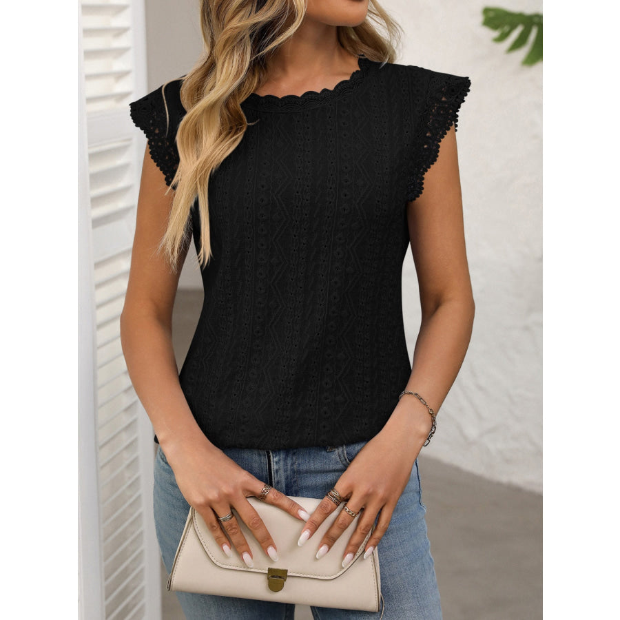 Lace Detail Round Neck Cap Sleeve Top Apparel and Accessories