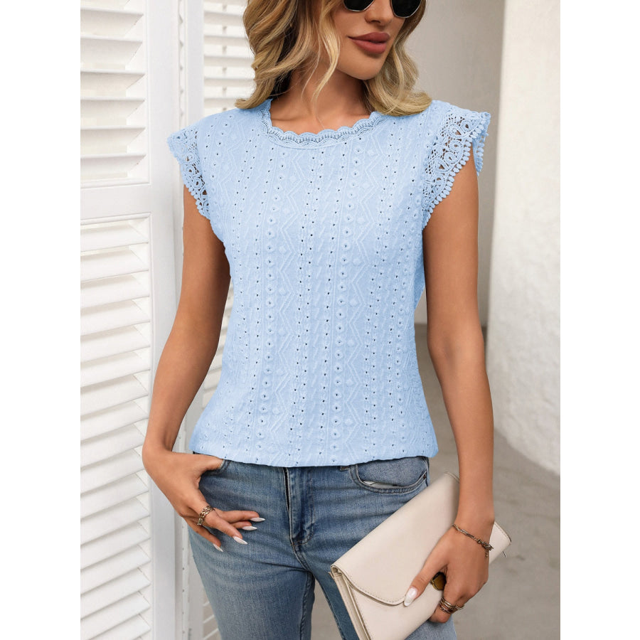 Lace Detail Round Neck Cap Sleeve Top Apparel and Accessories