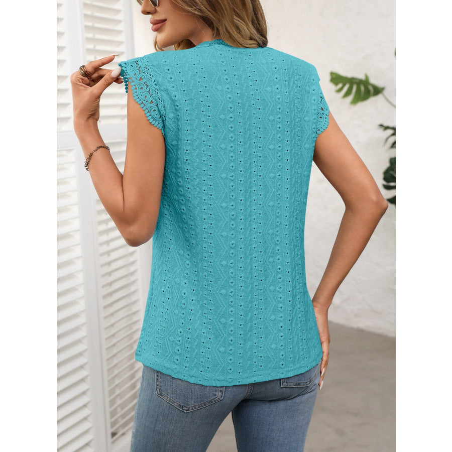 Lace Detail Round Neck Cap Sleeve Top Apparel and Accessories