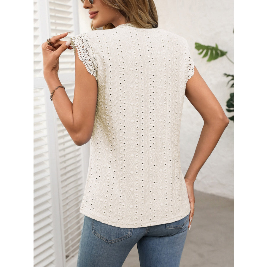 Lace Detail Round Neck Cap Sleeve Top Apparel and Accessories