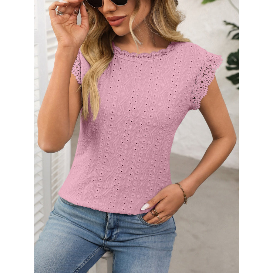 Lace Detail Round Neck Cap Sleeve Top Dusty Pink / S Apparel and Accessories