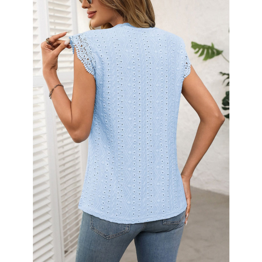 Lace Detail Round Neck Cap Sleeve Top Light Blue / S Apparel and Accessories