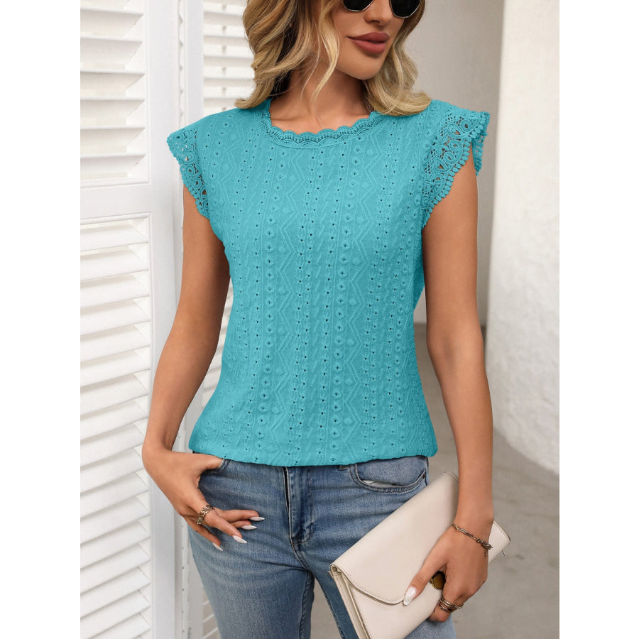 Lace Detail Round Neck Cap Sleeve Top Teal / S Apparel and Accessories