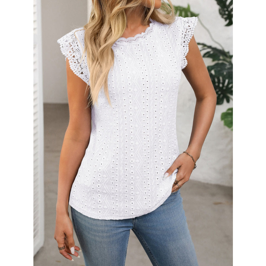 Lace Detail Round Neck Cap Sleeve Top White / S Apparel and Accessories