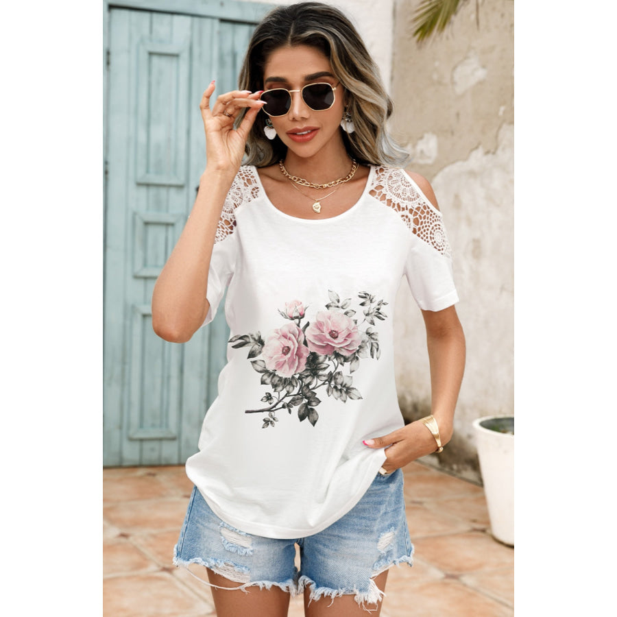 Lace Detail Round Neck Cold Shoulder Blouse Apparel and Accessories