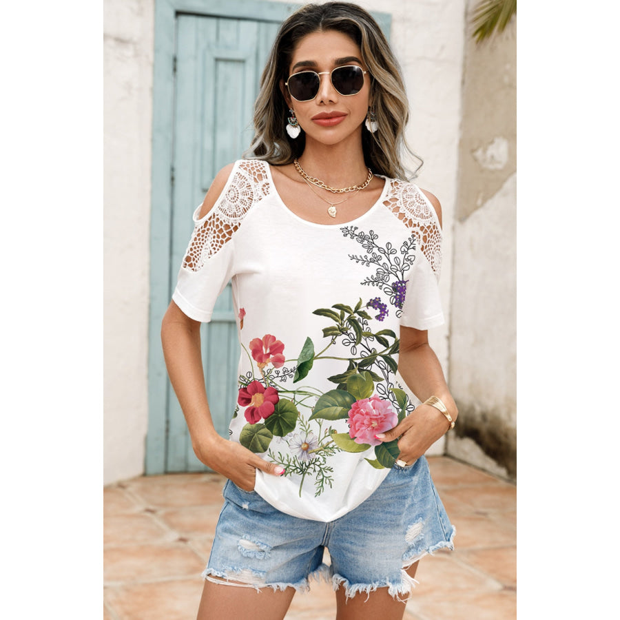 Lace Detail Round Neck Cold Shoulder Blouse Apparel and Accessories