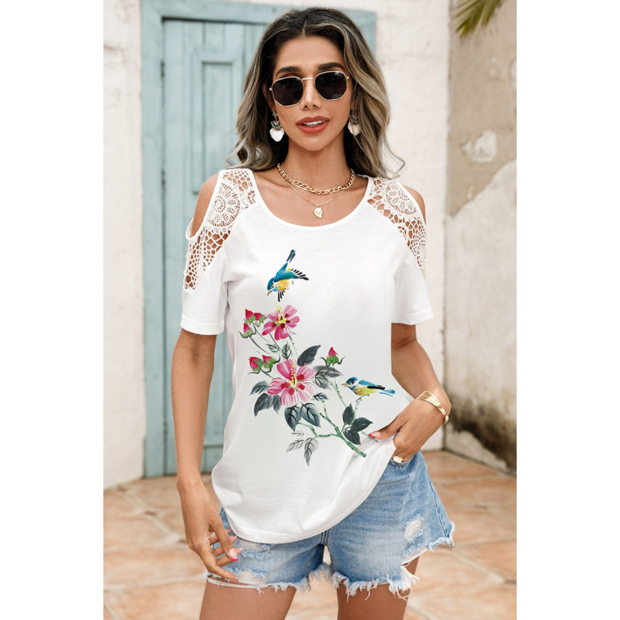 Lace Detail Round Neck Cold Shoulder Blouse Apparel and Accessories