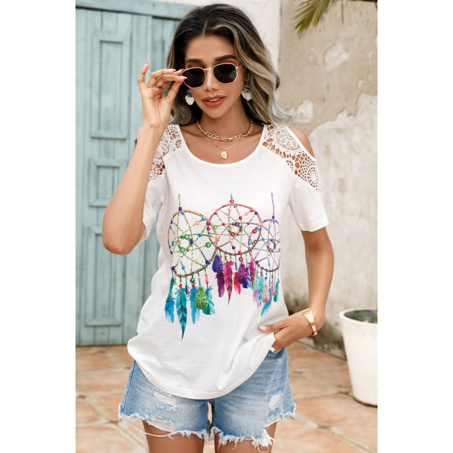 Lace Detail Round Neck Cold Shoulder Blouse style A / S Apparel and Accessories