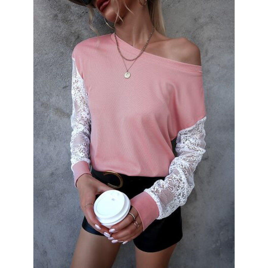 Lace Detail Round Neck Dropped Shoulder T - Shirt Apparel and Accessories