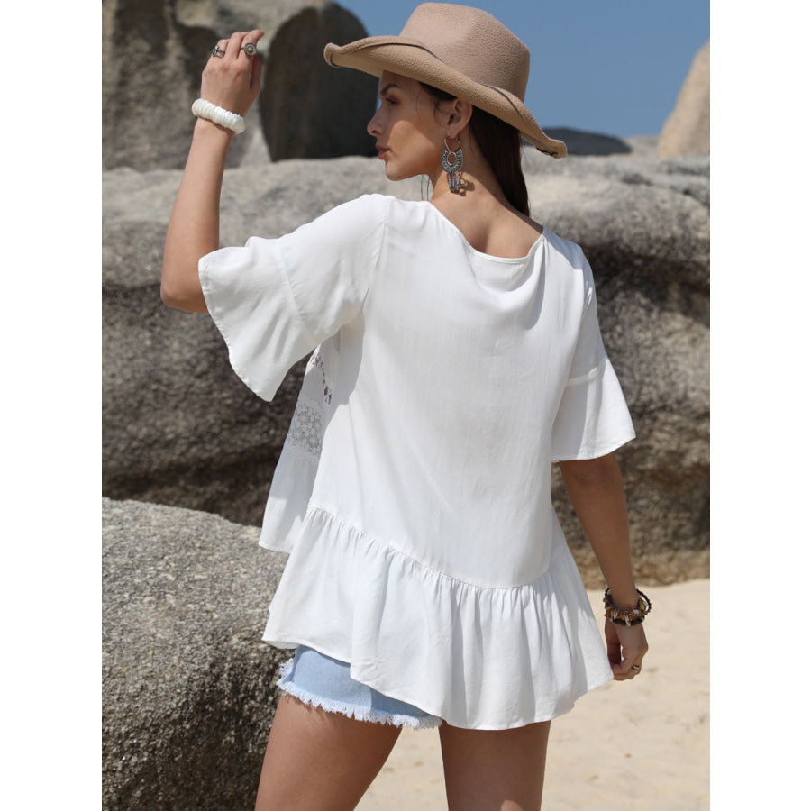 Lace Detail Round Neck Half Sleeve Blouse White / S Apparel and Accessories