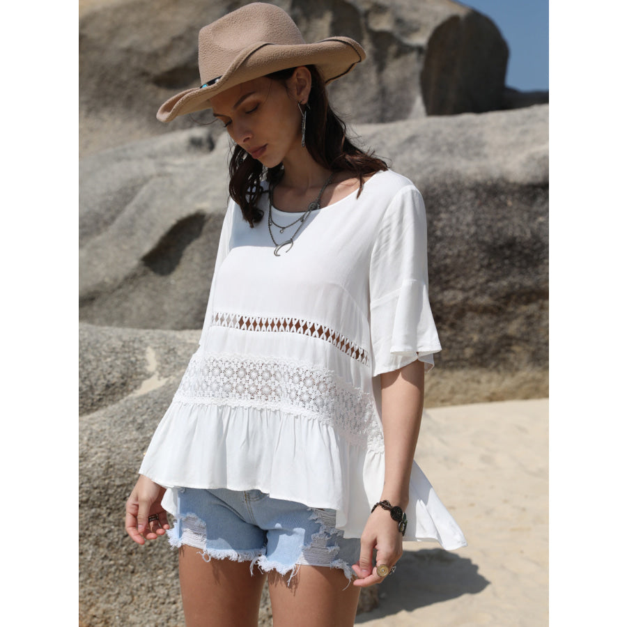 Lace Detail Round Neck Half Sleeve Blouse Apparel and Accessories