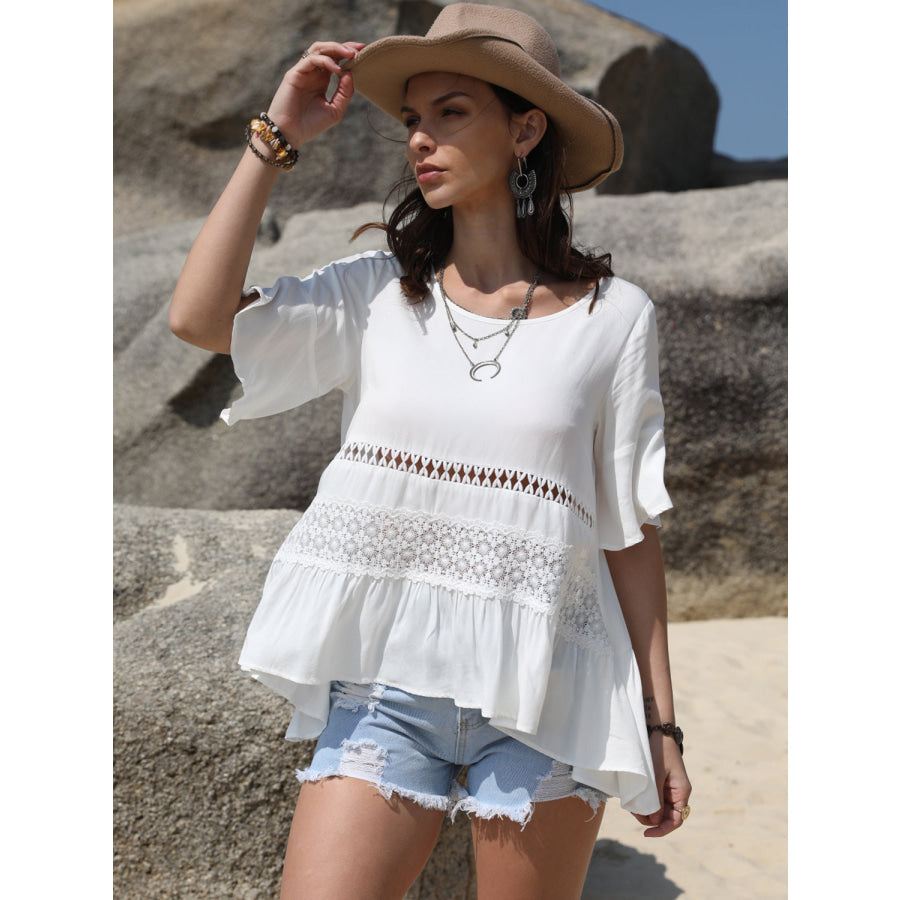 Lace Detail Round Neck Half Sleeve Blouse White / S Apparel and Accessories