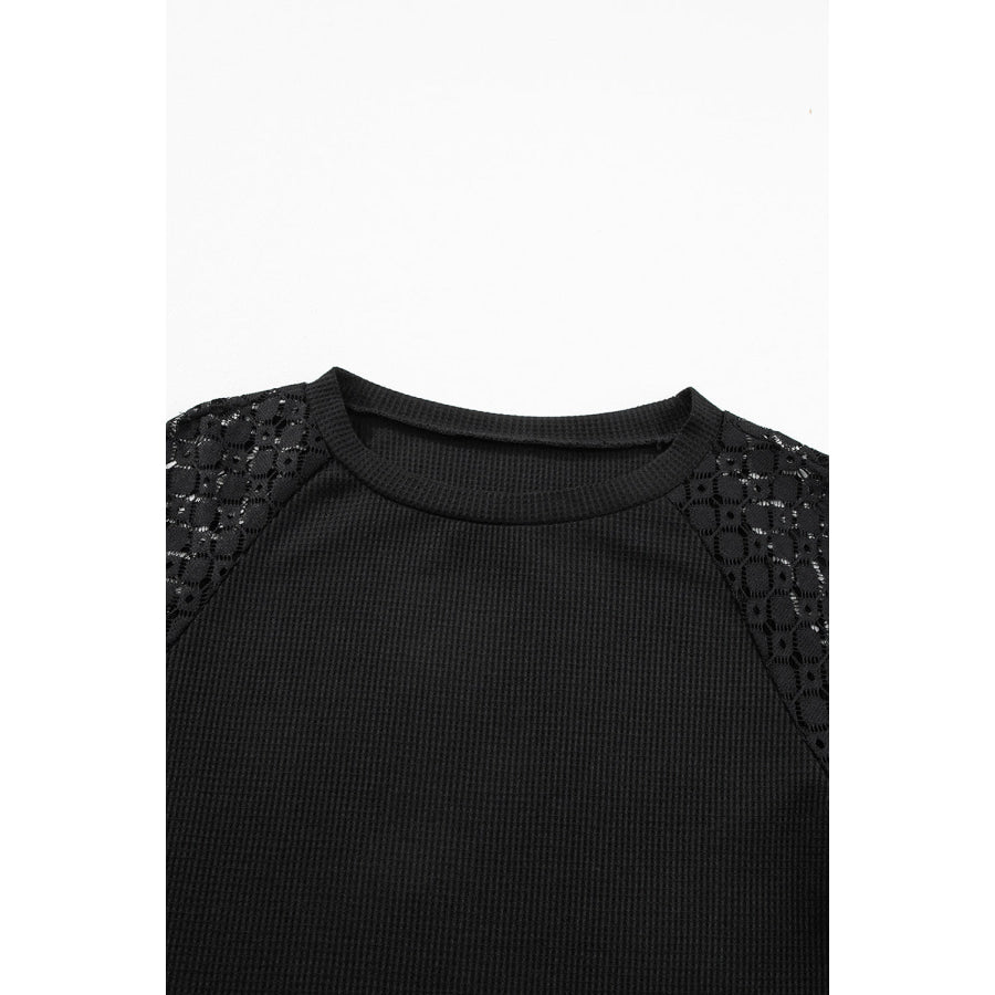 Lace Detail Round Neck Lantern Sleeve Top Apparel and Accessories