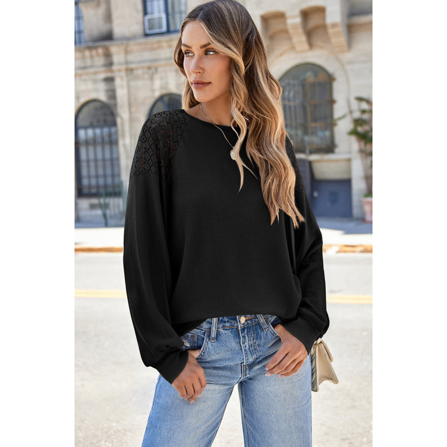 Lace Detail Round Neck Lantern Sleeve Top Apparel and Accessories