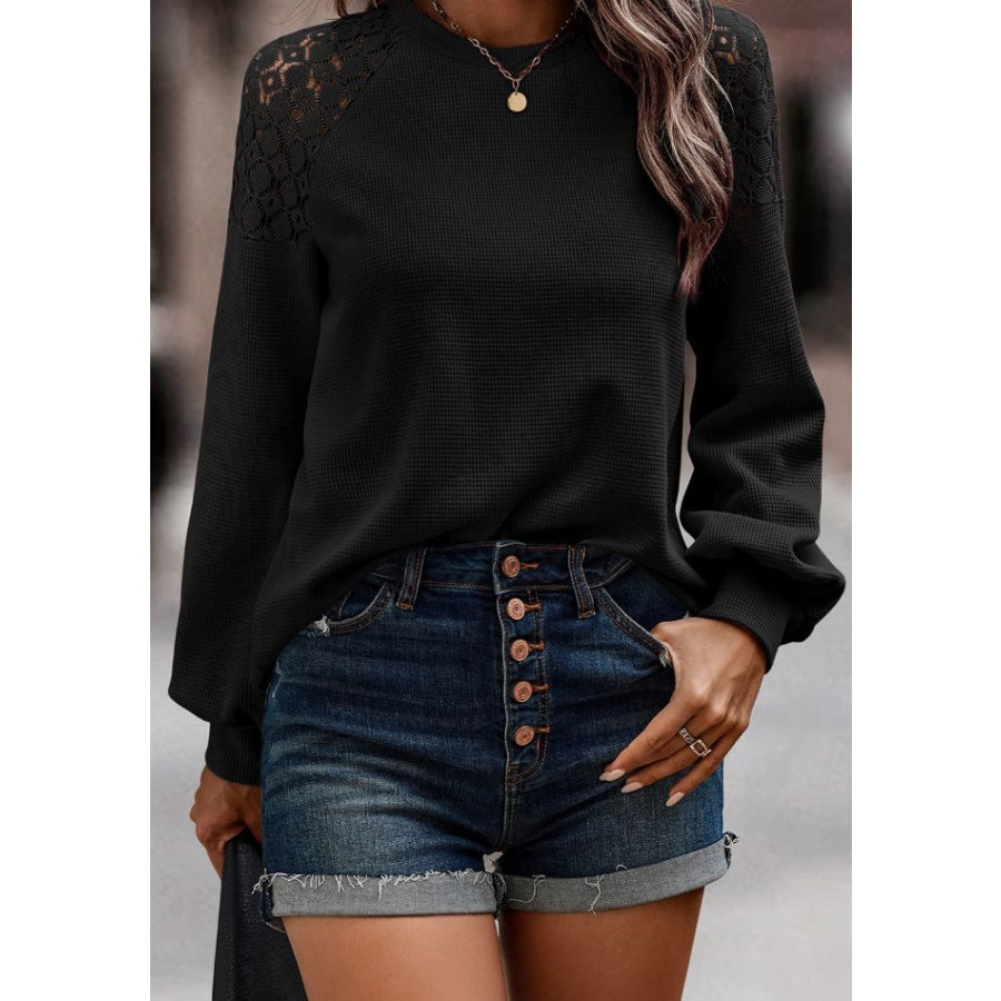 Lace Detail Round Neck Lantern Sleeve Top Black / S Apparel and Accessories