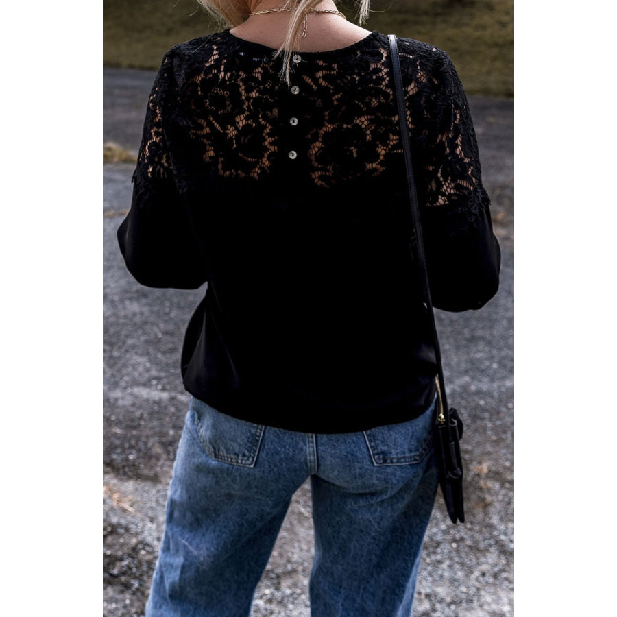 Lace Detail Round Neck Long Sleeve Blouse Apparel and Accessories