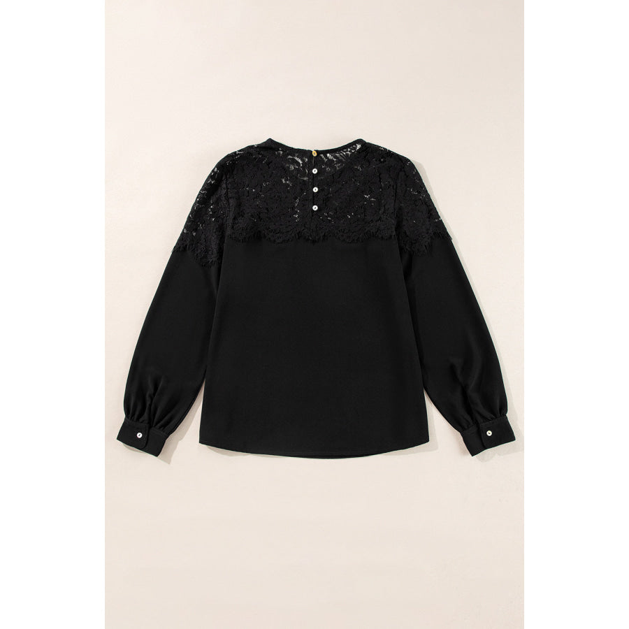 Lace Detail Round Neck Long Sleeve Blouse Apparel and Accessories