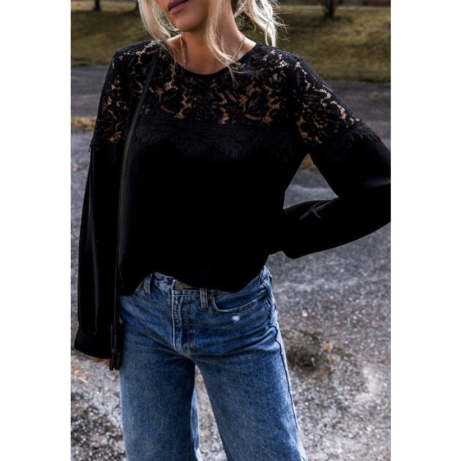 Lace Detail Round Neck Long Sleeve Blouse Apparel and Accessories