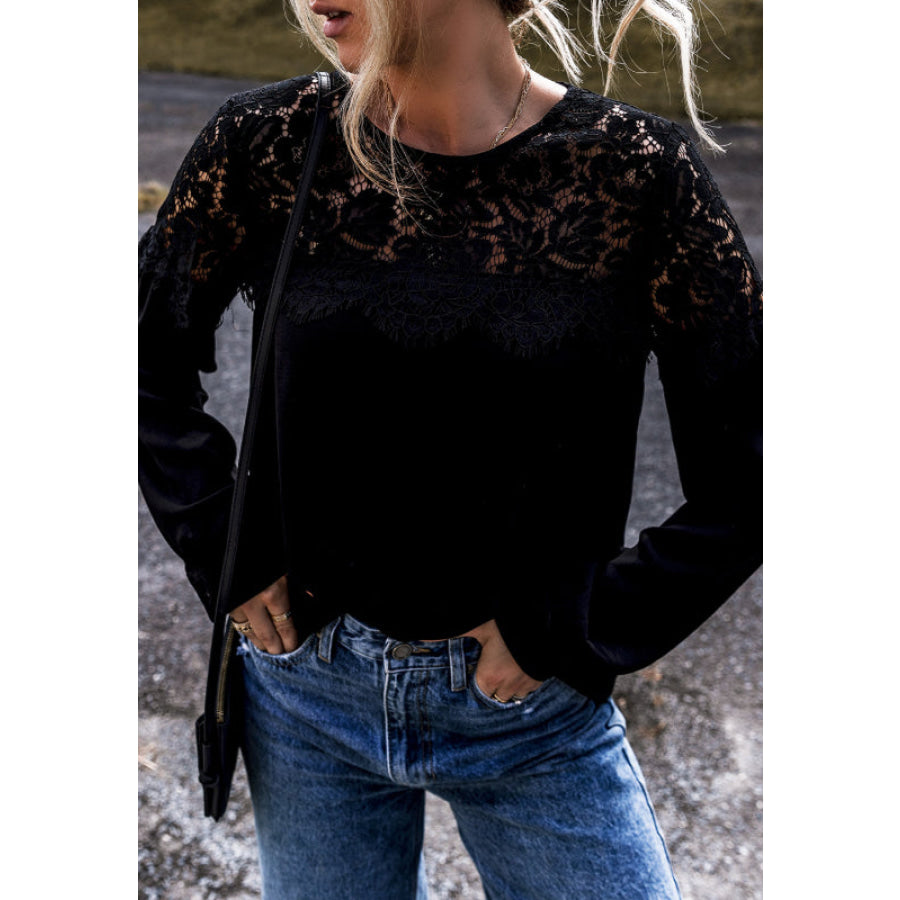 Lace Detail Round Neck Long Sleeve Blouse Apparel and Accessories