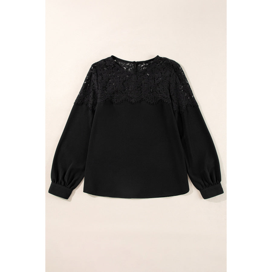 Lace Detail Round Neck Long Sleeve Blouse Apparel and Accessories