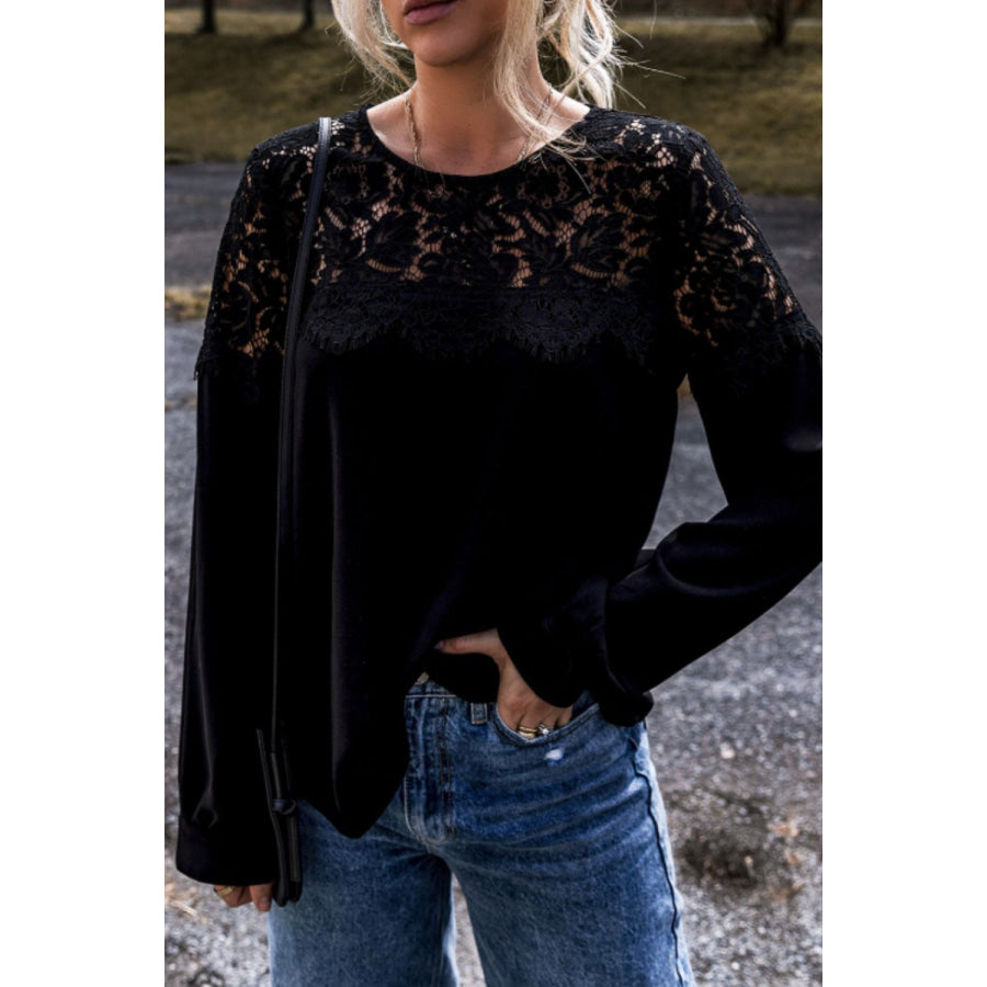 Lace Detail Round Neck Long Sleeve Blouse Black / S Apparel and Accessories