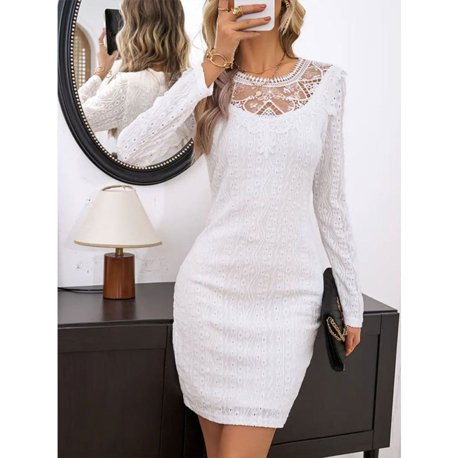 Lace Detail Round Neck Long Sleeve Mini Dress Apparel and Accessories