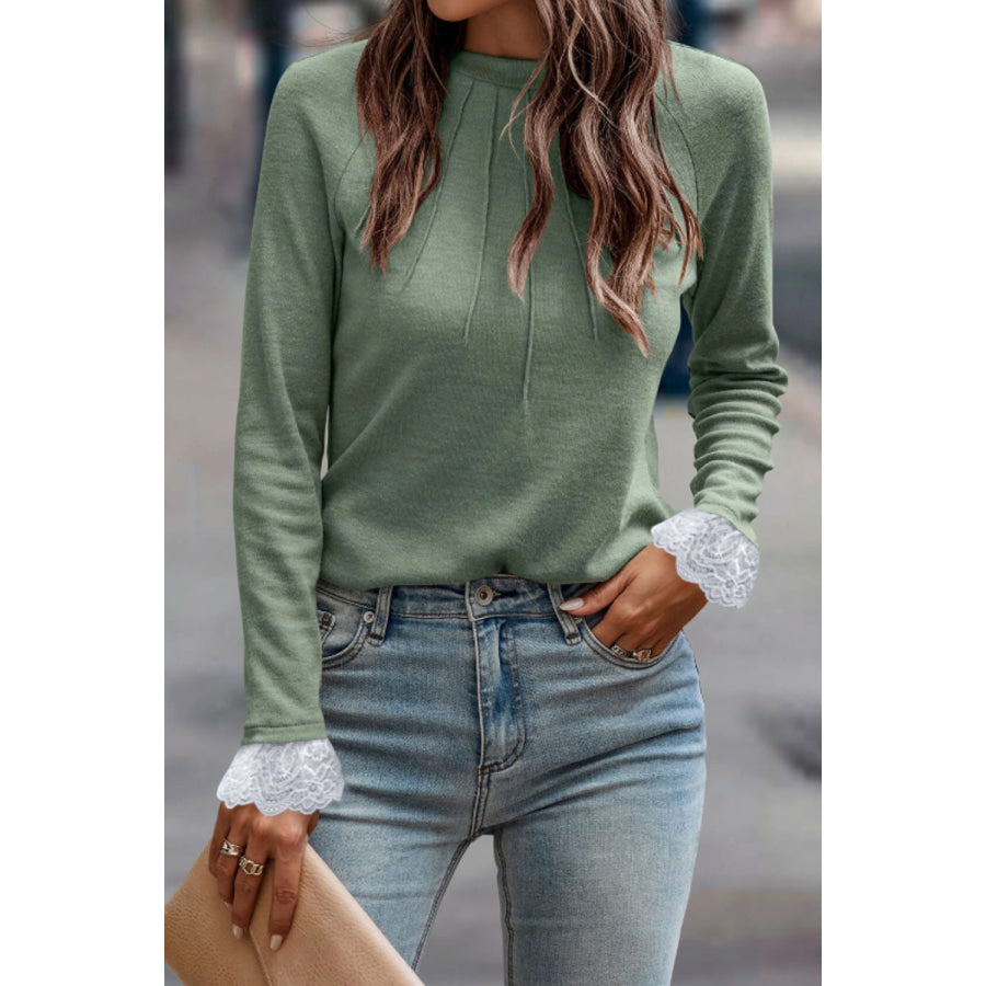 Lace Detail Round Neck Long Sleeve T-Shirt Apparel and Accessories