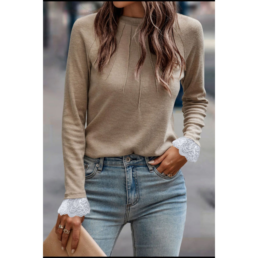 Lace Detail Round Neck Long Sleeve T-Shirt Apparel and Accessories