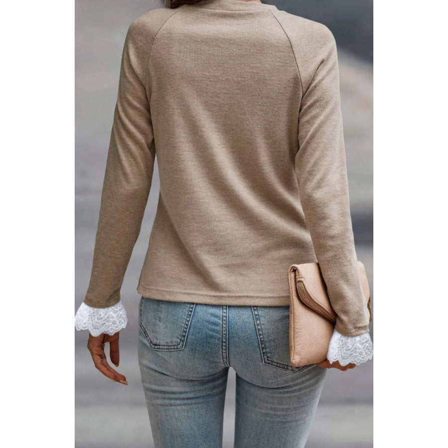 Lace Detail Round Neck Long Sleeve T-Shirt Apparel and Accessories