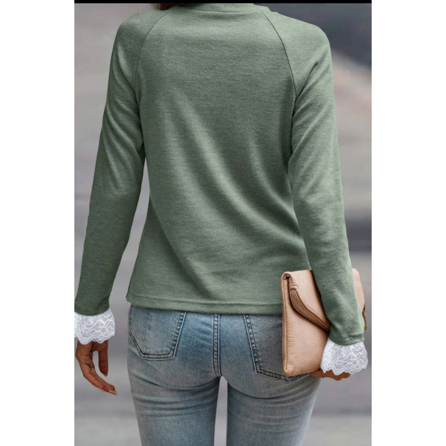 Lace Detail Round Neck Long Sleeve T-Shirt Apparel and Accessories